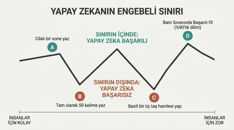 A landscape diagram showing the uneven boundary of AI capability, where simple human tasks fall outside its reach while complex human tasks are easily conquered.