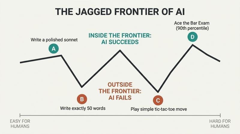 A landscape diagram showing the uneven boundary of AI capability, where simple human tasks fall outside its reach while complex human tasks are easily conquered.