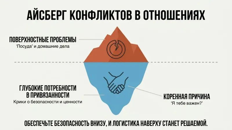Iceberg diagram showing surface logistical arguments like dishes above the waterline, while deep attachment needs for safety lie below.