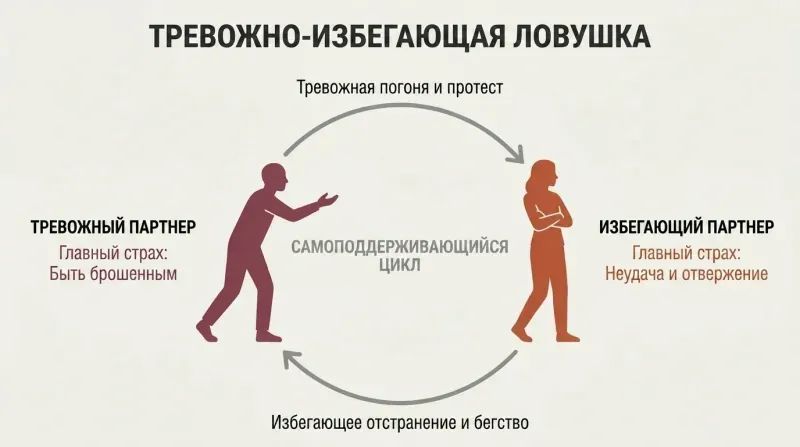 Cycle diagram showing how the anxious partner's chase and the avoidant partner's flight fuel each other in a self-perpetuating loop.