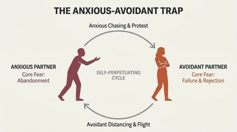 Cycle diagram showing how the anxious partner's chase and the avoidant partner's flight fuel each other in a self-perpetuating loop.