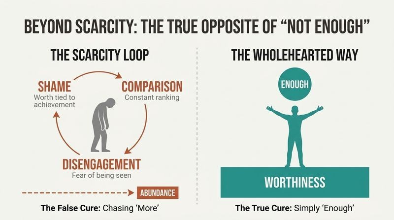 Split panel comparison showing the scarcity trap of shame, comparison, and disengagement on the left, contrasted with the true solution of worthiness and enough on the right.