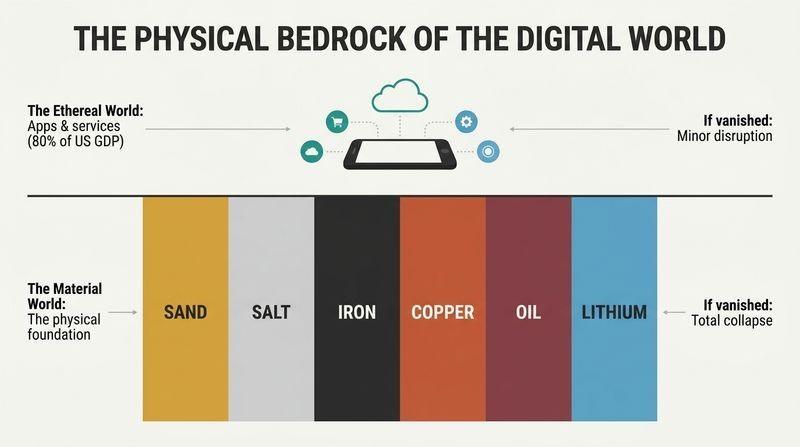 Stacked block diagram showing how the ethereal world of digital apps and services is physically supported by a foundational bedrock of six raw materials: sand, salt, iron, copper, oil, and lithium.