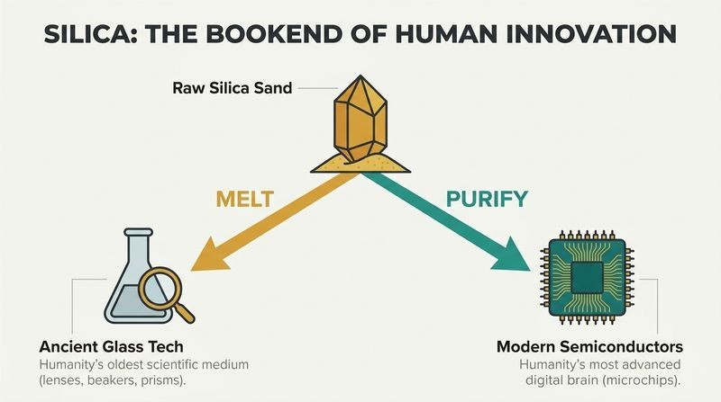 A fork diagram showing how a single raw grain of silica sand branches into two different human epochs: ancient melted glass on the left and modern purified silicon microchips on the right.