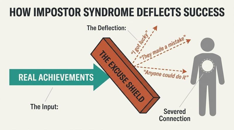 Diagram illustrating how a shield of rationalized excuses deflects real achievements away from an individual, leaving them disconnected from their own competence.