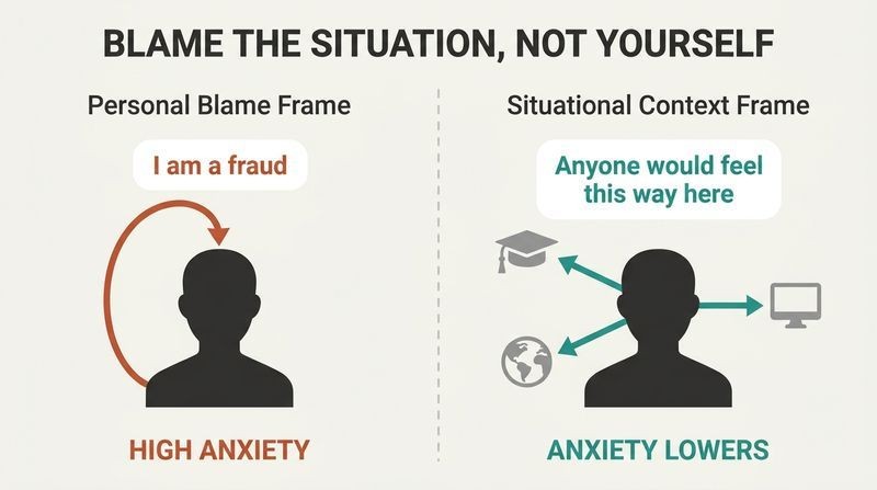 Split panel diagram comparing internal self-blame that increases anxiety with situational framing that lowers stress by identifying external triggers.
