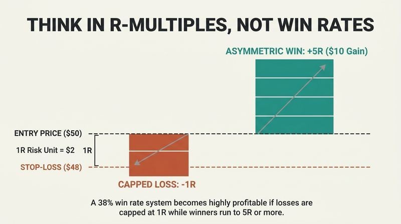 Dual-column comparison diagram showing how a 1R capped loss compares to a highly profitable 5R win using scaled blocks.