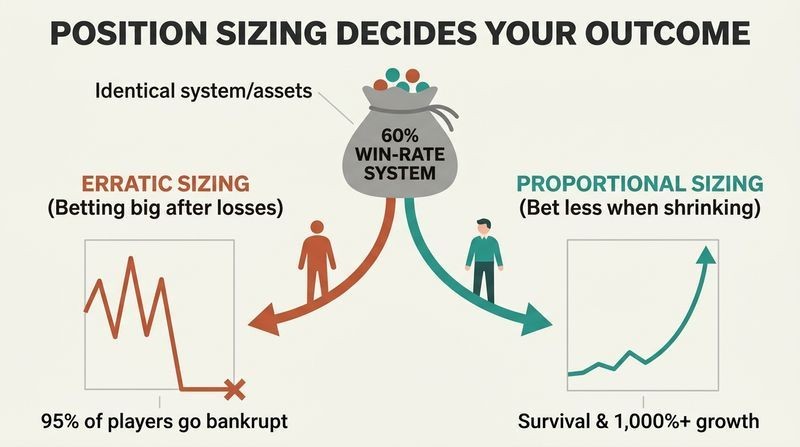 Fork diagram showing how identical winning systems lead to bankruptcy or extreme compounding gains based entirely on position sizing.
