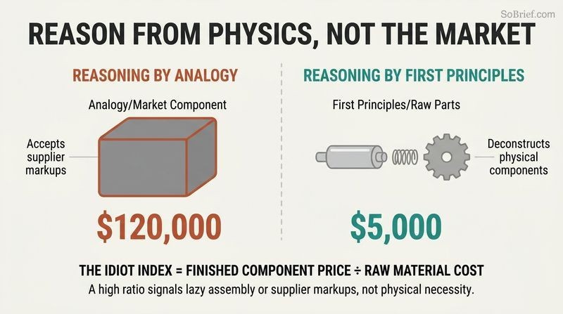 Split diagram comparing the expensive analogy-based market quote for a component against its low raw material cost calculated using first principles.