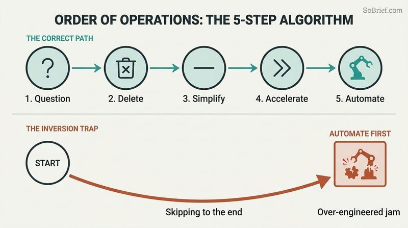 Split diagram contrasting the clean 5-step sequential algorithm (Question, Delete, Simplify, Accelerate, Automate) against the chaotic trap of automating first.