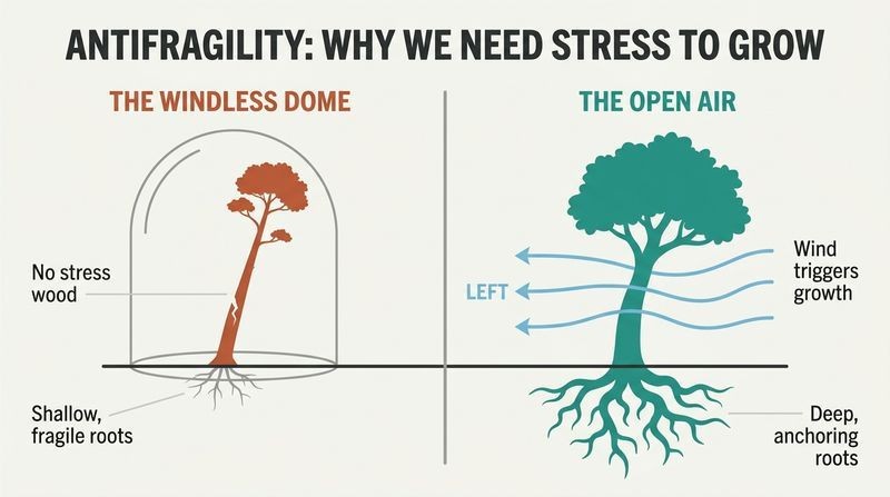 Split panel diagram comparing a collapsing tree in a windless dome to a sturdy, deeply rooted tree surviving strong winds in the open air.