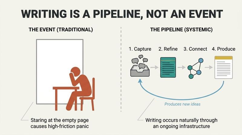 Split-panel diagram comparing the high-stress traditional view of staring at a blank page with the highly productive four-step Zettelkasten writing pipeline.