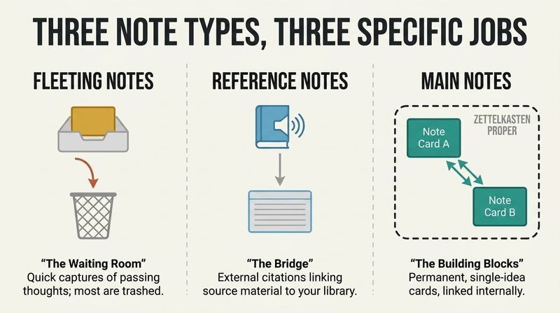 Three-column diagram mapping the Zettelkasten note taxonomy, showing Fleeting notes in a waiting room heading to the trash, Reference notes bridging media sources, and Main notes permanently linked inside the Zettelkasten proper.