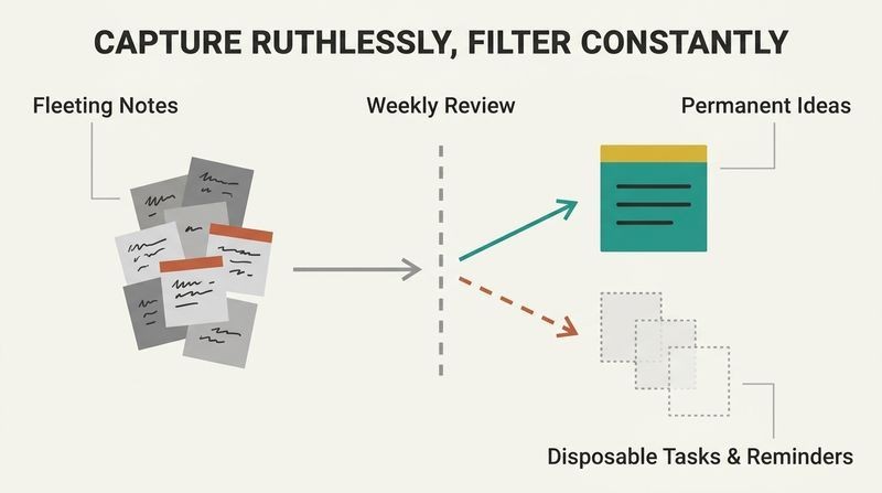 Flow diagram showing a chaotic pile of raw fleeting notes passing through a review filter, where most notes fade away as disposable tasks while a single valuable idea is saved as a permanent note.
