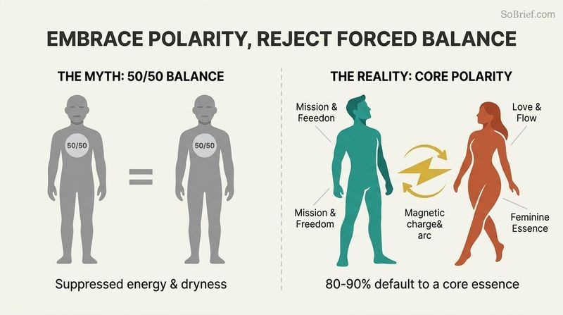 Split panel diagram comparing the flat, low-energy myth of 50/50 balance with the vibrant, magnetically charged reality of polarized masculine and feminine sexual essences.
