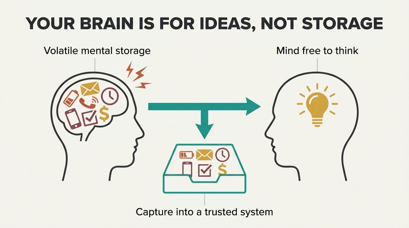 Two heads compared: a cluttered brain full of task icons transforms into a clear brain producing an idea once tasks are emptied into a trusted external system.