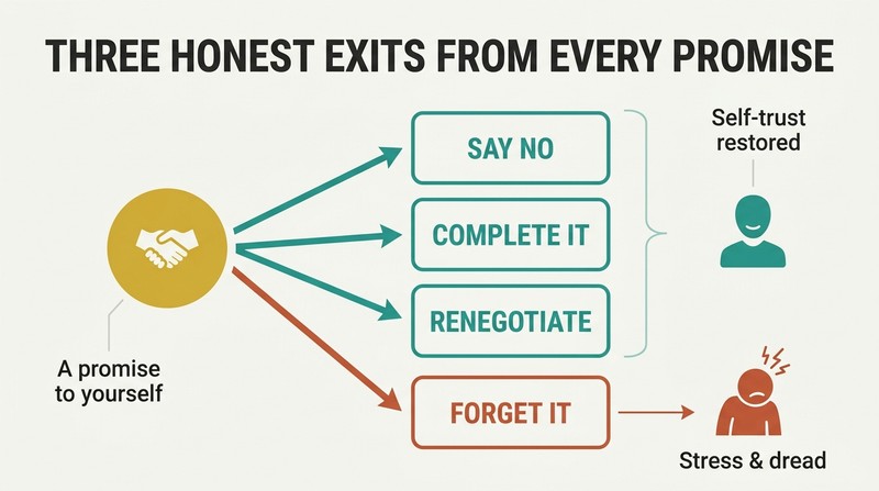 A single self-promise forks into four branches; three honest exits lead to a calm state while the one forgotten promise leads to stress.