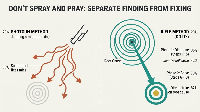 Split diagram comparing a chaotic shotgun approach of scattered guess-and-test fixes that miss the root cause, against a disciplined rifle approach showing a looping 5-step diagnostic spiral narrowing onto the root cause, followed by a straight 5-step solution path hitting the bullseye.