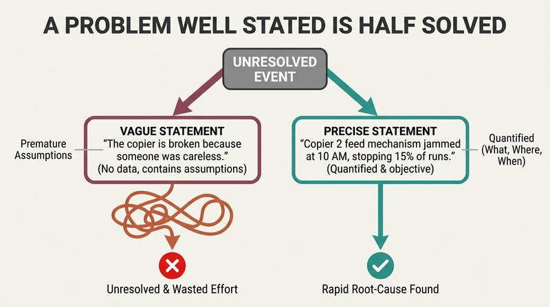 Fork diagram showing how a vague problem statement with premature assumptions leads to a tangled maze of wasted effort, while a precise, quantified statement leads directly to the root cause.