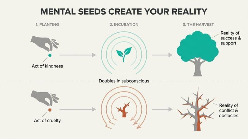 Split timeline infographic showing how tiny acts of kindness or cruelty plant mental seeds that grow exponentially over time into our perceived reality.