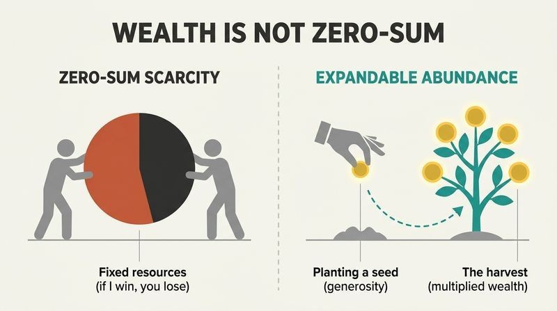 Split panel diagram contrasting the zero-sum scarcity model of a fixed pie with the generous abundance model of planting a gold seed to grow a wealth tree.