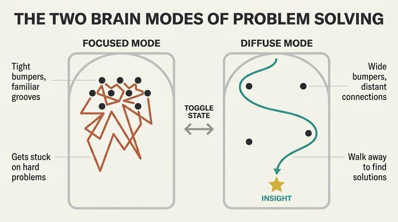 Split-panel diagram comparing the brain's focused mode, shown as a dense pinball machine where thoughts get stuck, and diffuse mode, where wider spacing lets thoughts make creative connections.