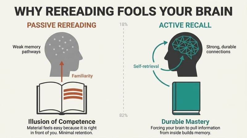 A side-by-side comparison diagram showing how passive rereading creates a weak illusion of competence, while active recall with a closed book builds strong, durable neural pathways.