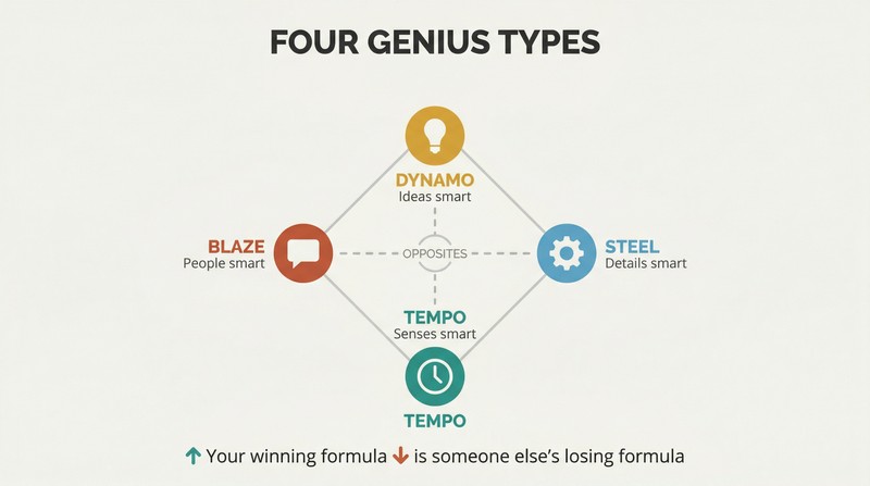 Diamond compass showing four genius types at cardinal points, with dashed opposition lines connecting Dynamo to Tempo and Blaze to Steel.