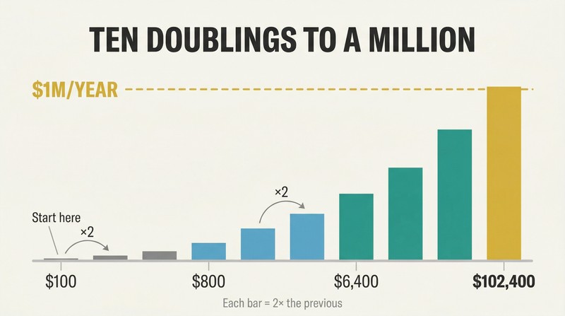 Ten ascending bars doubling in height from left to right, starting tiny at $100 and towering at $102,400, crossing a dashed million-dollar threshold line.
