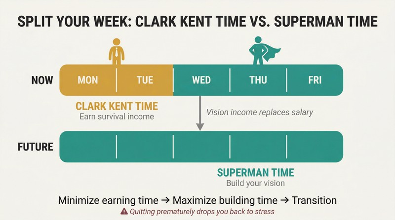 Two horizontal week bars showing a time split between earning days and vision-building days, transitioning from a partial split to full vision work.