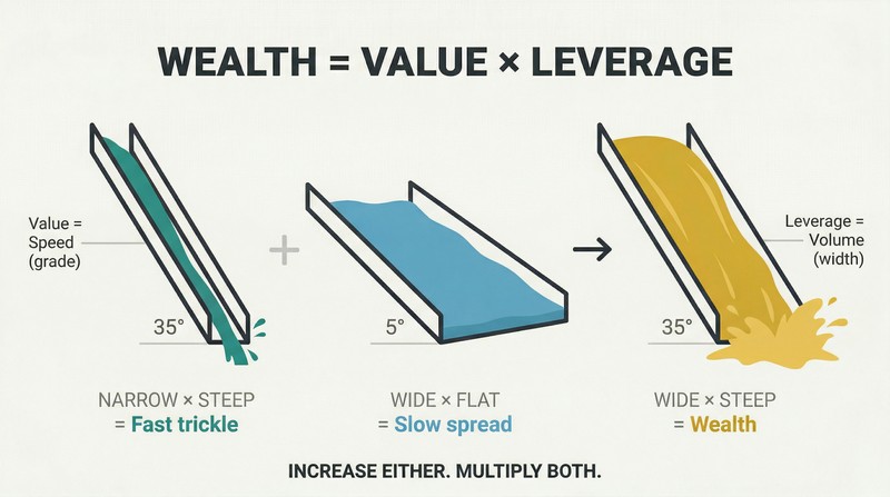 Three river channels showing how steepness controls speed of flow and width controls volume, with both combined producing the greatest wealth flow.