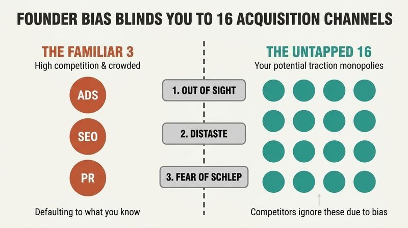 Split diagram showing how founder biases act as a barrier, limiting acquisition focus to 3 overcrowded channels while ignoring 16 untapped opportunities.