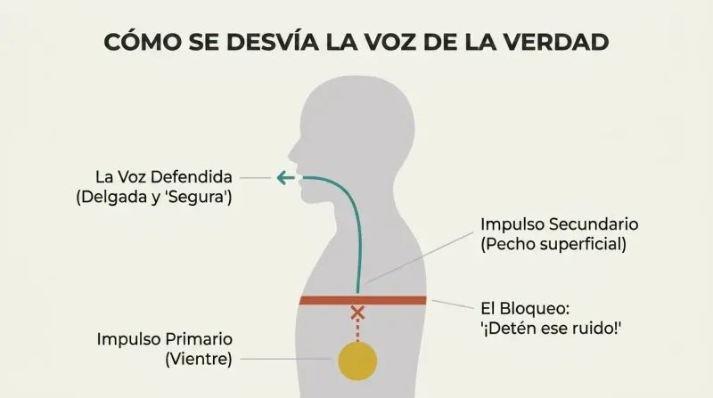 A minimalist anatomical silhouette mapping how social conditioning blocks the deep primary voice impulse in the belly, forcing the voice to bypass it and originate from a shallow, defended chest pathway.