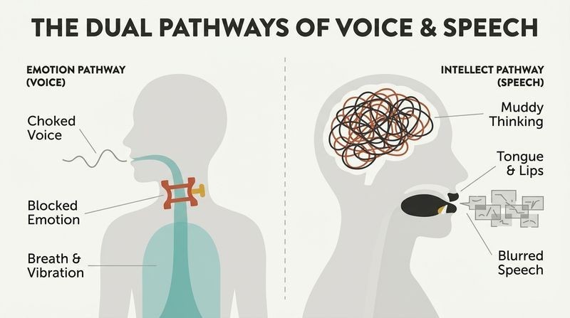 Split diagram illustrating how blocked emotions choke the breath-based voice channel while muddy thinking blurs the mouth-based speech channel.