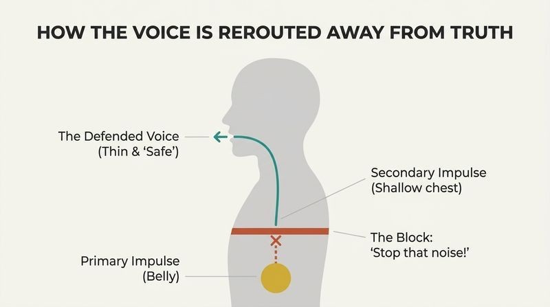 A minimalist anatomical silhouette mapping how social conditioning blocks the deep primary voice impulse in the belly, forcing the voice to bypass it and originate from a shallow, defended chest pathway.