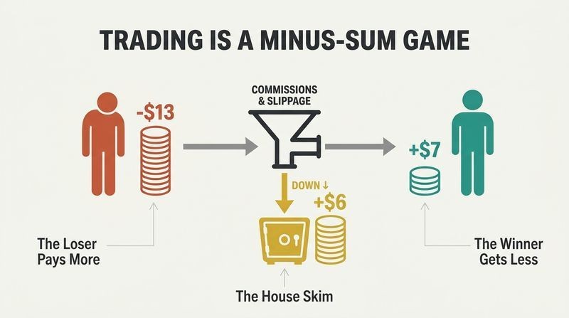 Flow diagram showing a $10 trade where the loser pays $13, the broker siphons $6 in commissions and slippage, and the winner only receives $7.