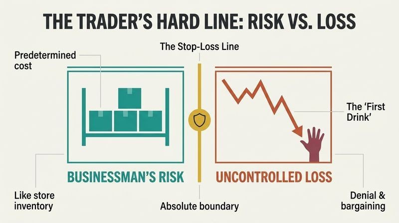 Split-panel diagram showing the sharp boundary between a controlled "businessman's risk" and an uncontrolled, alcoholic-like "true loss" relapse.