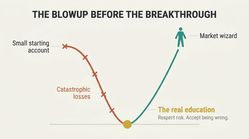 V-shaped trajectory line showing a dramatic crash to near-zero followed by a steep rise to mastery, with the valley labeled as the most valuable education.
