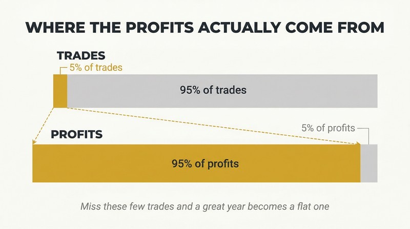 Two horizontal bars comparing trade count to profit share, revealing that a tiny 5% sliver of trades generates 95% of all profits.