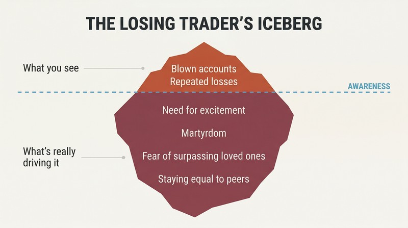 Iceberg diagram showing visible trading losses above a waterline of awareness, with larger hidden subconscious needs like excitement and martyrdom beneath the surface.