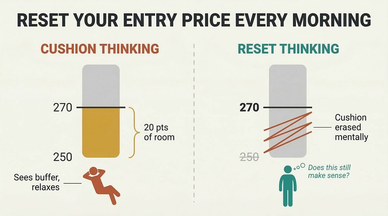 Split panel comparing cushion thinking, where a trader sees a comfortable buffer from 250 to 270, versus reset thinking, where the same trader treats 270 as the only entry that matters.