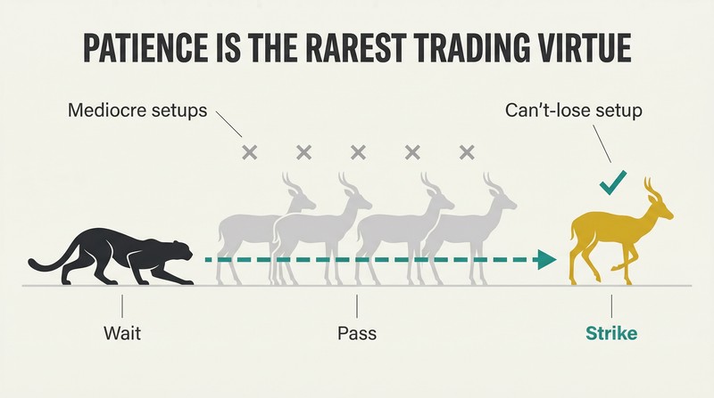 Timeline showing a crouching cheetah silhouette watching five gray antelope silhouettes pass before striking at one gold-highlighted lame antelope, illustrating selective patience.