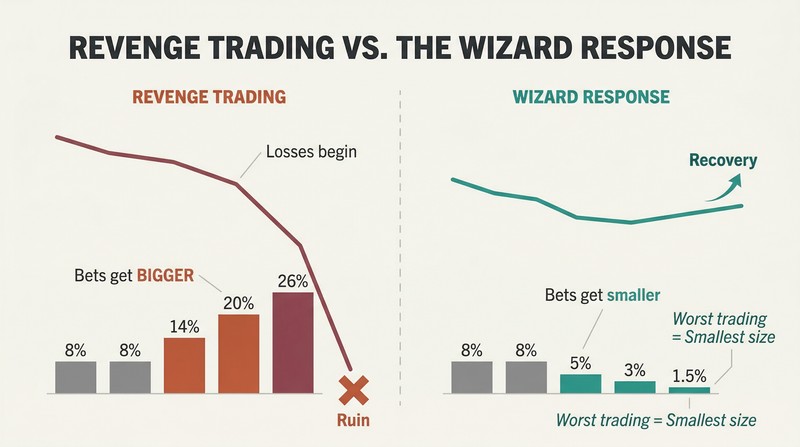 Split panel comparing revenge trading with escalating bet sizes crashing downward versus the wizard approach of shrinking bets leading to stabilization and recovery.