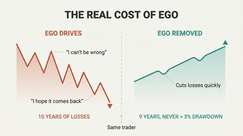 Split panel comparing a declining equity line during ego-driven trading on the left with a steadily rising equity line after ego removal on the right, divided by a turning point.