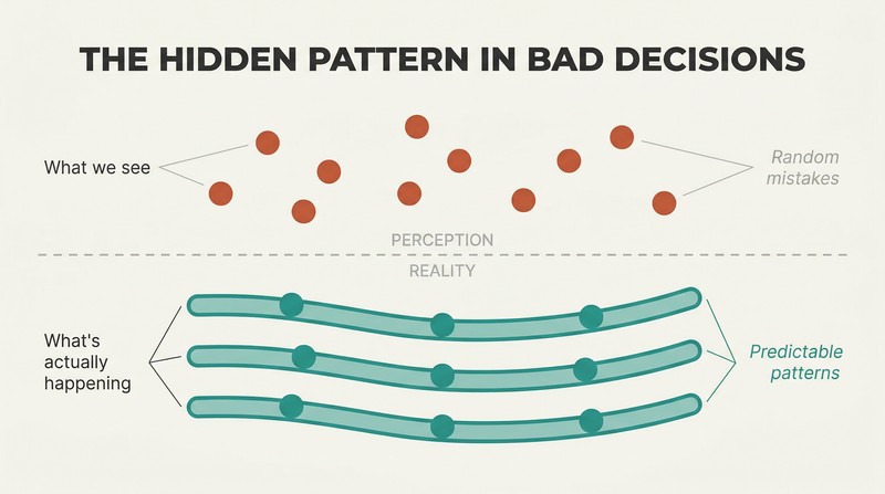 Reveal diagram showing scattered dots above a dividing line appearing chaotic, while below the line the same dots sit on clear predictable curved tracks.