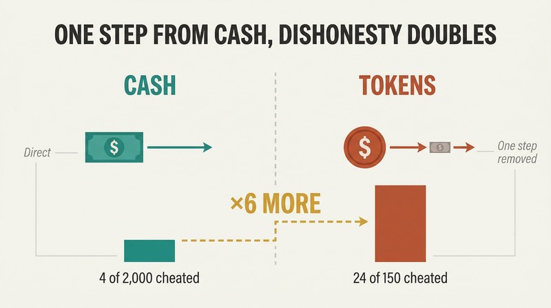 Split panel comparing cash and token conditions, with proportional bars showing cheating barely present with cash but dramatically higher with tokens one step removed.