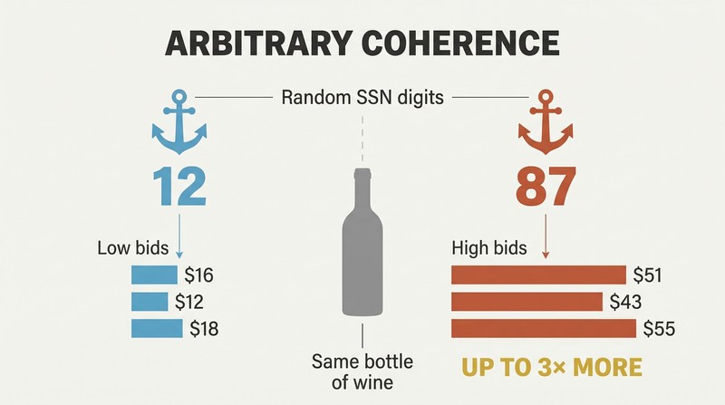 Split panel comparing how a low random number produces low bids and a high random number produces high bids for the same product, showing the anchoring effect.