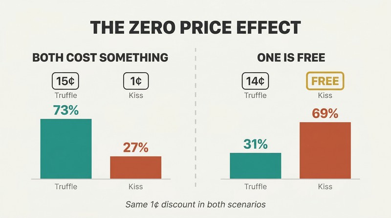 Split panel comparing two chocolate pricing scenarios where an identical one-penny discount flips majority preference when one option becomes free.