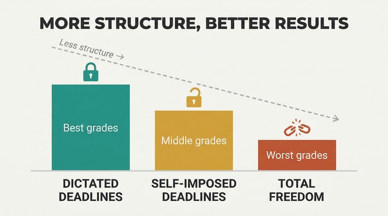 Three descending bars showing how dictated deadlines produce the best performance, self-imposed deadlines are middling, and total freedom produces the worst outcomes.