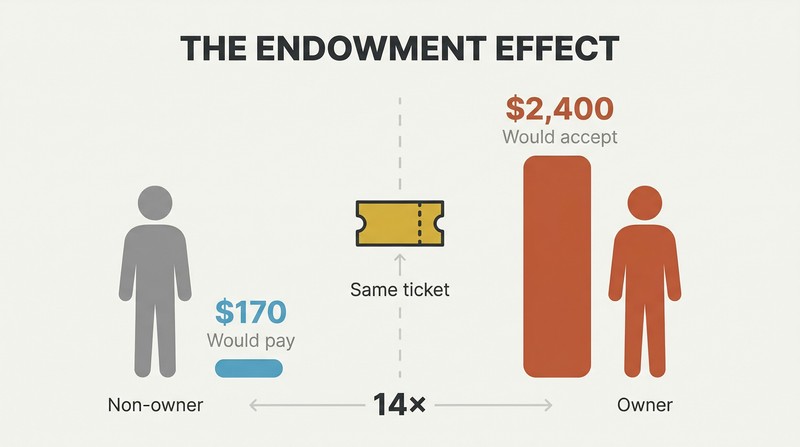 Split panel comparing a non-owner valuing a ticket at $170 versus an owner valuing the same ticket at $2,400, with proportional bars showing the 14x gap.
